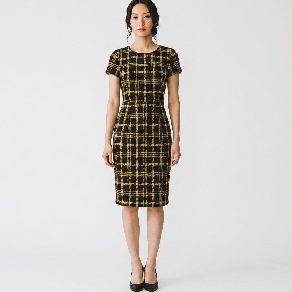 Brooks Brothers Red Fleece Yellow Navy Plaid Sheath Dress Size 2 Short Sleeve